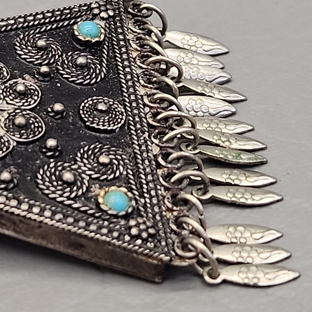 Vintage Triangle Pendant Filigree Cannetille Blue Glass Beads Silver Tone 2.5″