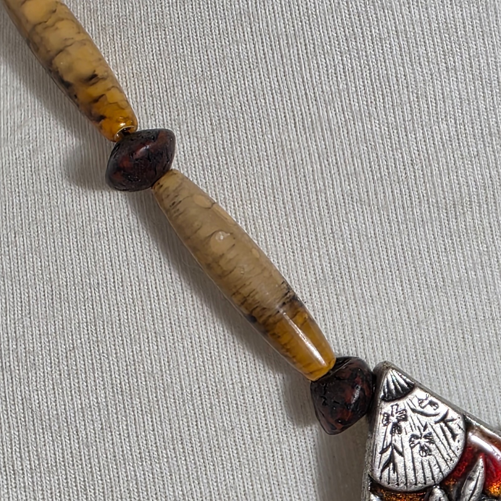 Chico’s Asian Inspired Necklace Three Metal Pendants with Bamboo & Asian Writing