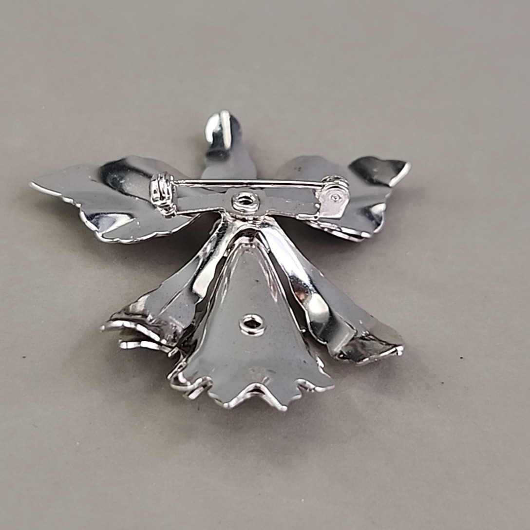 Vintage Flower Brooch Orchid Purple Rhinestone Silver Tone 2″