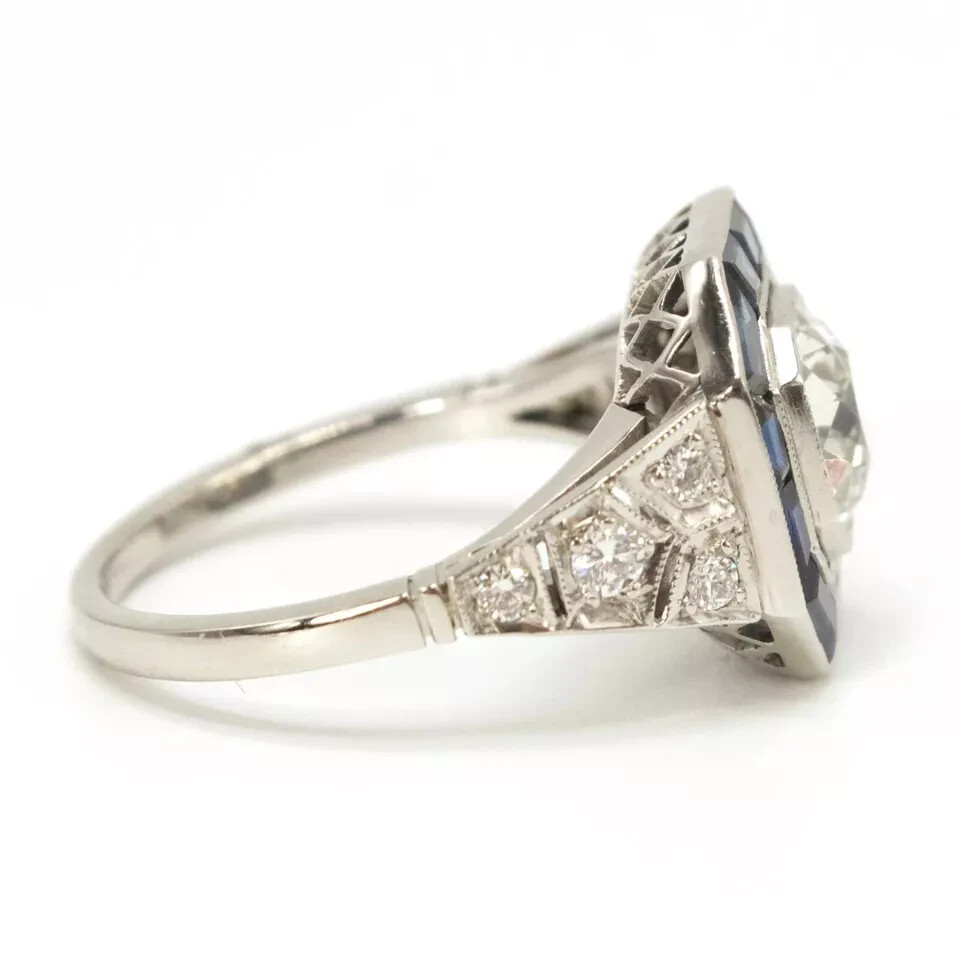 3.0Ct Art Deco Style Lab-Created Diamond Sapphire Halo Bezel Set Ring 925 Silver