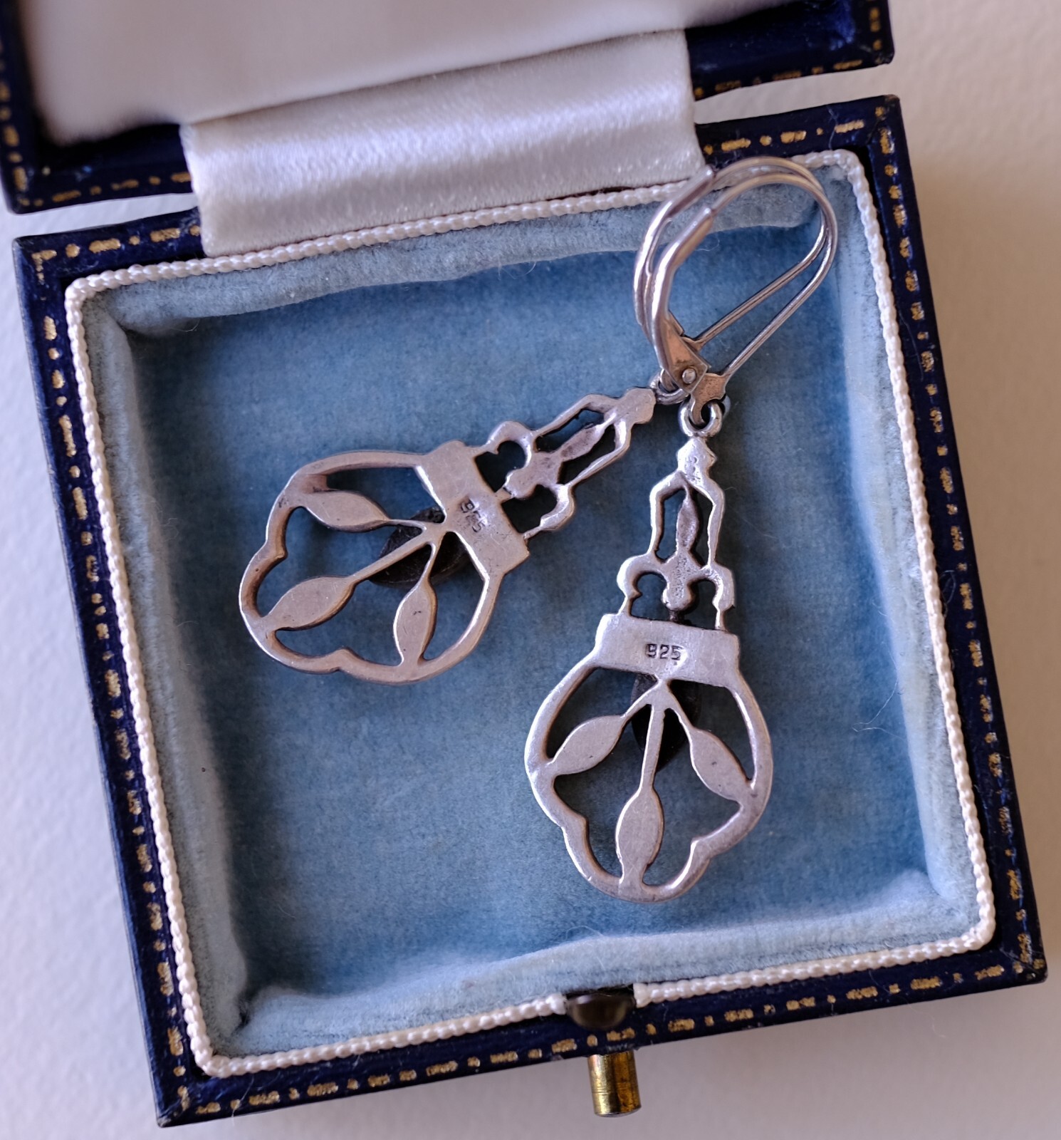 Art Deco Coral & Marcasite Dangle Lever Back Sterling Silver Earrings
