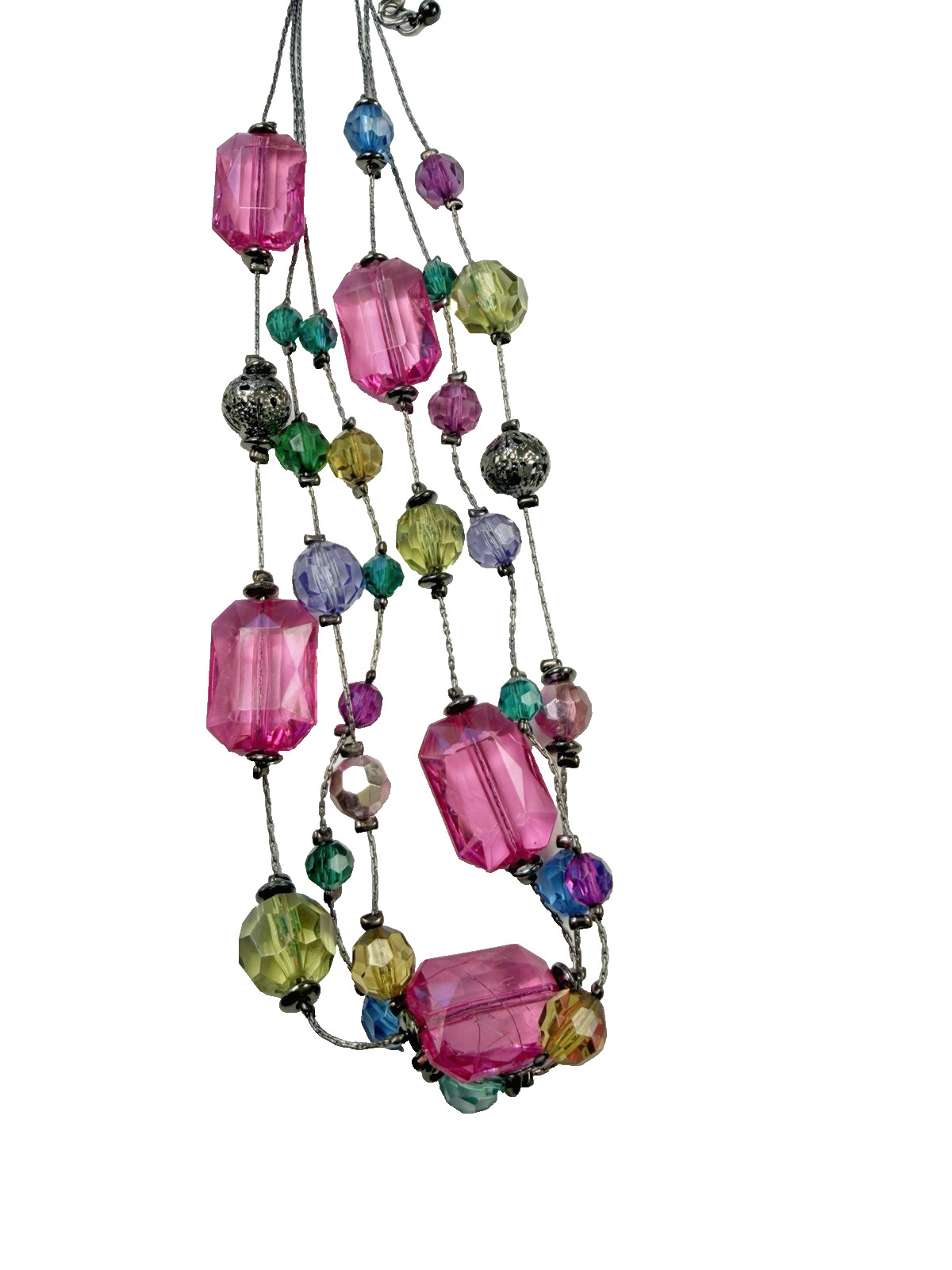 Vintage Colorful Layered Beaded Necklace Pink Acrylic Statement Gunmetal Y2K