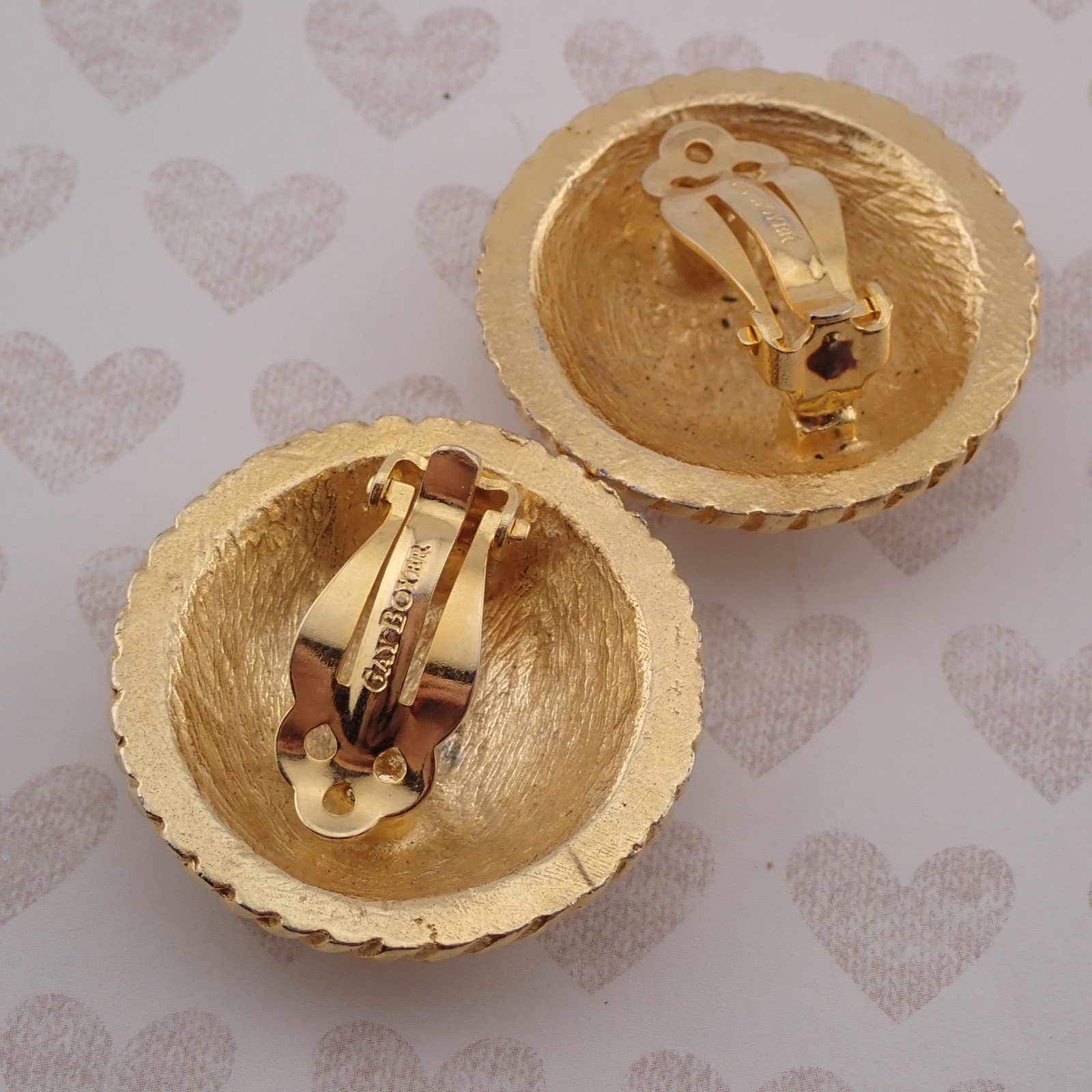 Vintage Oversized Gay Boyer Puffy Lattice Dome Cream Enamel Round Clip Earrings
