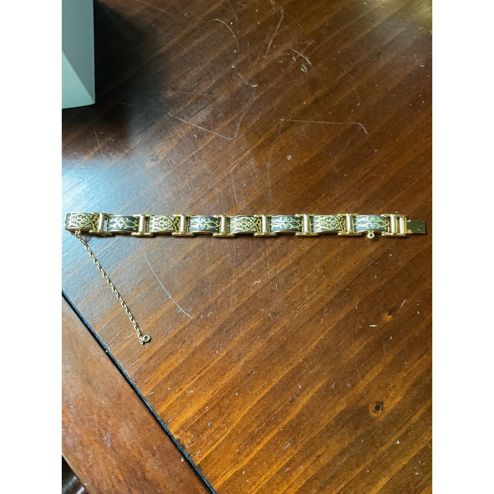 Vintage Damascene Linked Panel Bracelet Gold Tone 7.25” Repair Craft