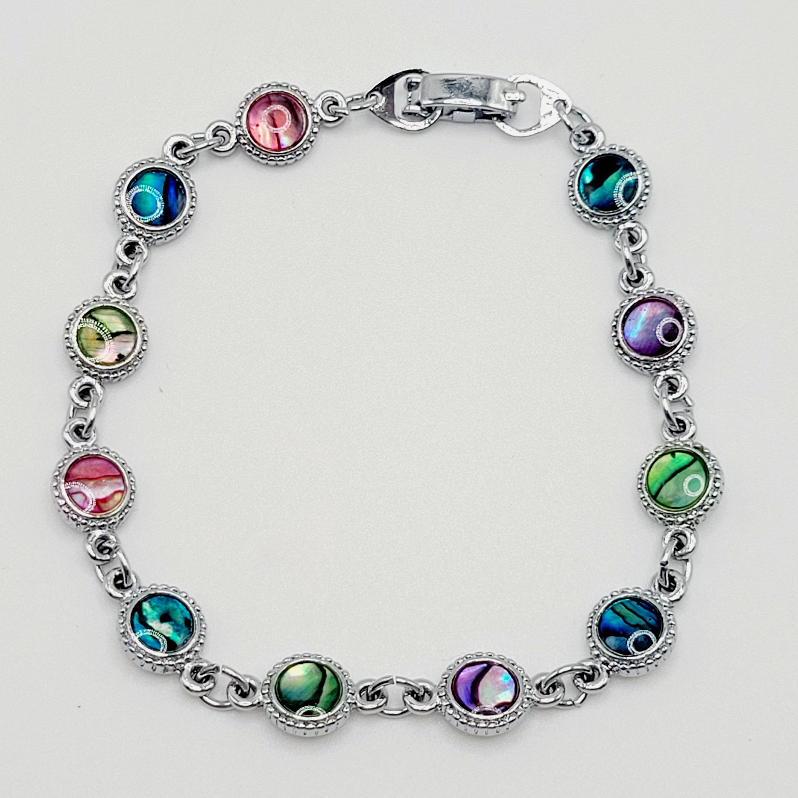 Signed SJ Colorful Paua Abalone Shell Silver Tone Link Vintage Bracelet 7.25 in