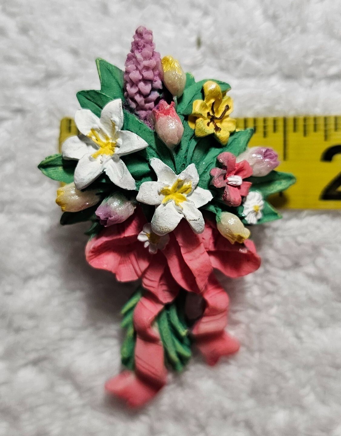 Hand-Painted Floral Bouquet Brooch Pin Multi-Color W/ Pink Ribbon Design