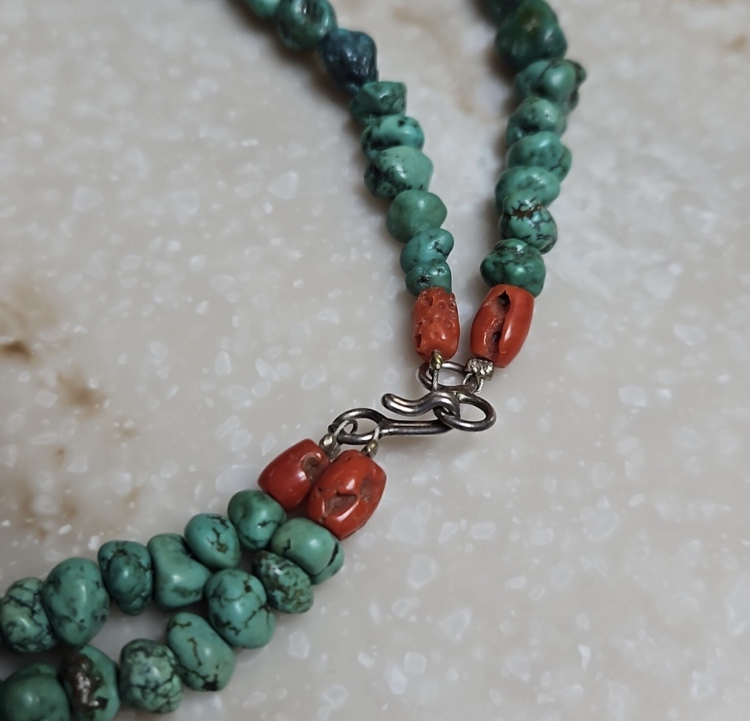 Vintage Turquoise Necklace w/ Coral Beads & 925 Silver Clasp 22 Inches