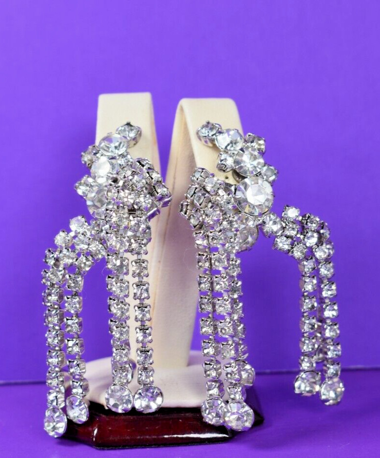 Rare La Roco Quality Designer Chandelier Dangle Rhinestone Clip Earrings 2.9″