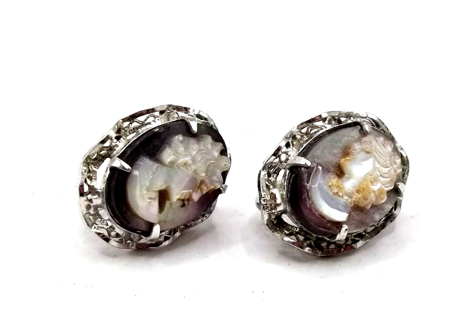 Vintage 1950’s Signed Sorrento AC Sterling Silver Carved Cameo Screw Bk Earrings
