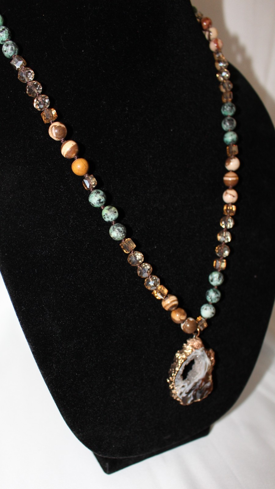 Estate Vintage Boho Necklace Crystal Druzy Brown Natural Stone Earthy Colors