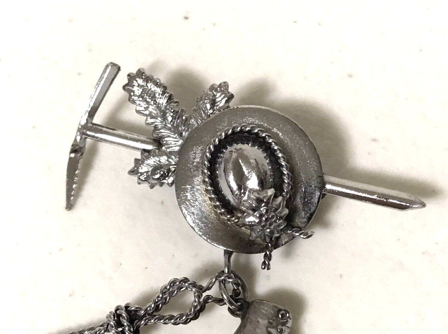 Vintage Silver Tone Gardening Hat Boot Tools Charms Dangles Brooch Pin Estate