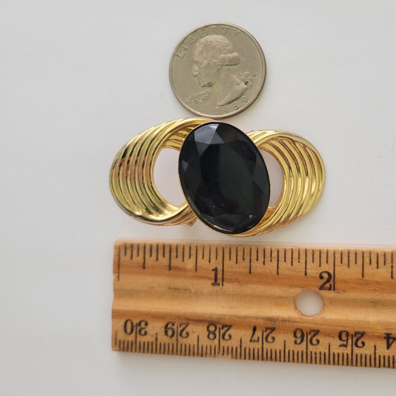 Vintage MCM Brooch Pin Black Faceted Acrylic Stone Gold Tone Coquette Retro