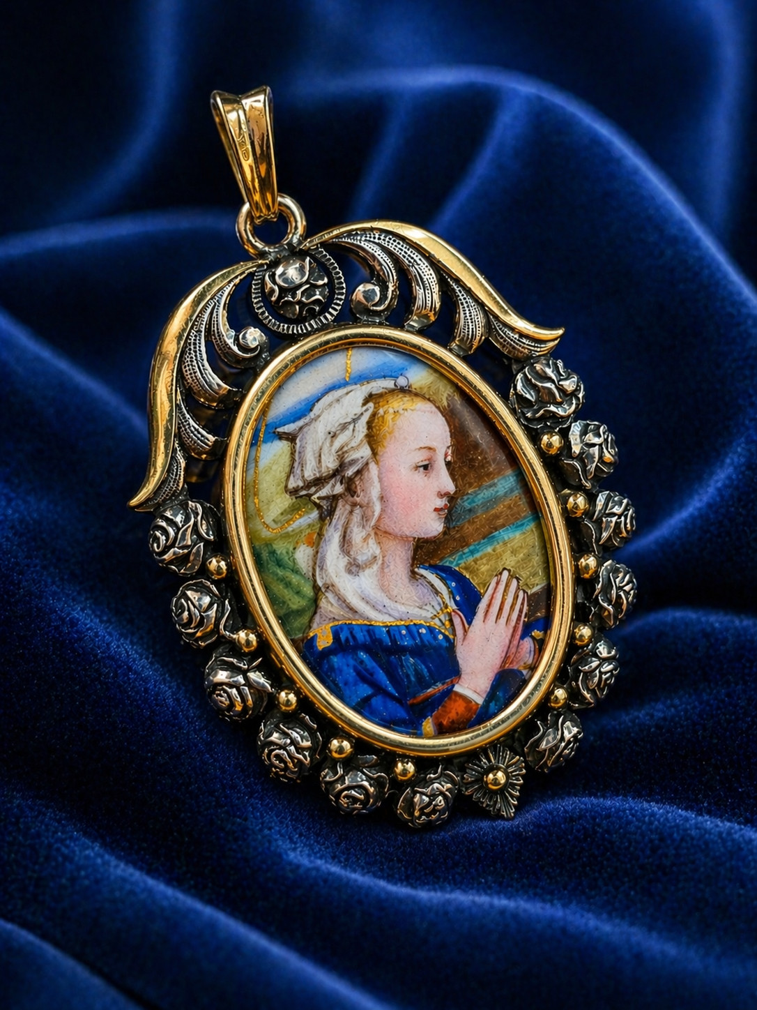Antique Art Nouveau Silver & 18K Gold Enamel Virgin Pendant Hand Painted Medal