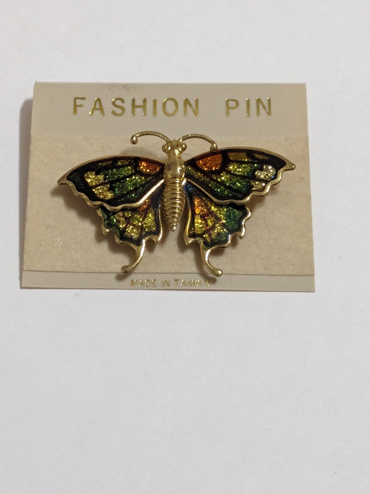 Gold Tone Multi Colored Butterfly Brooch. New. Gold, Brown & Green With Glitter