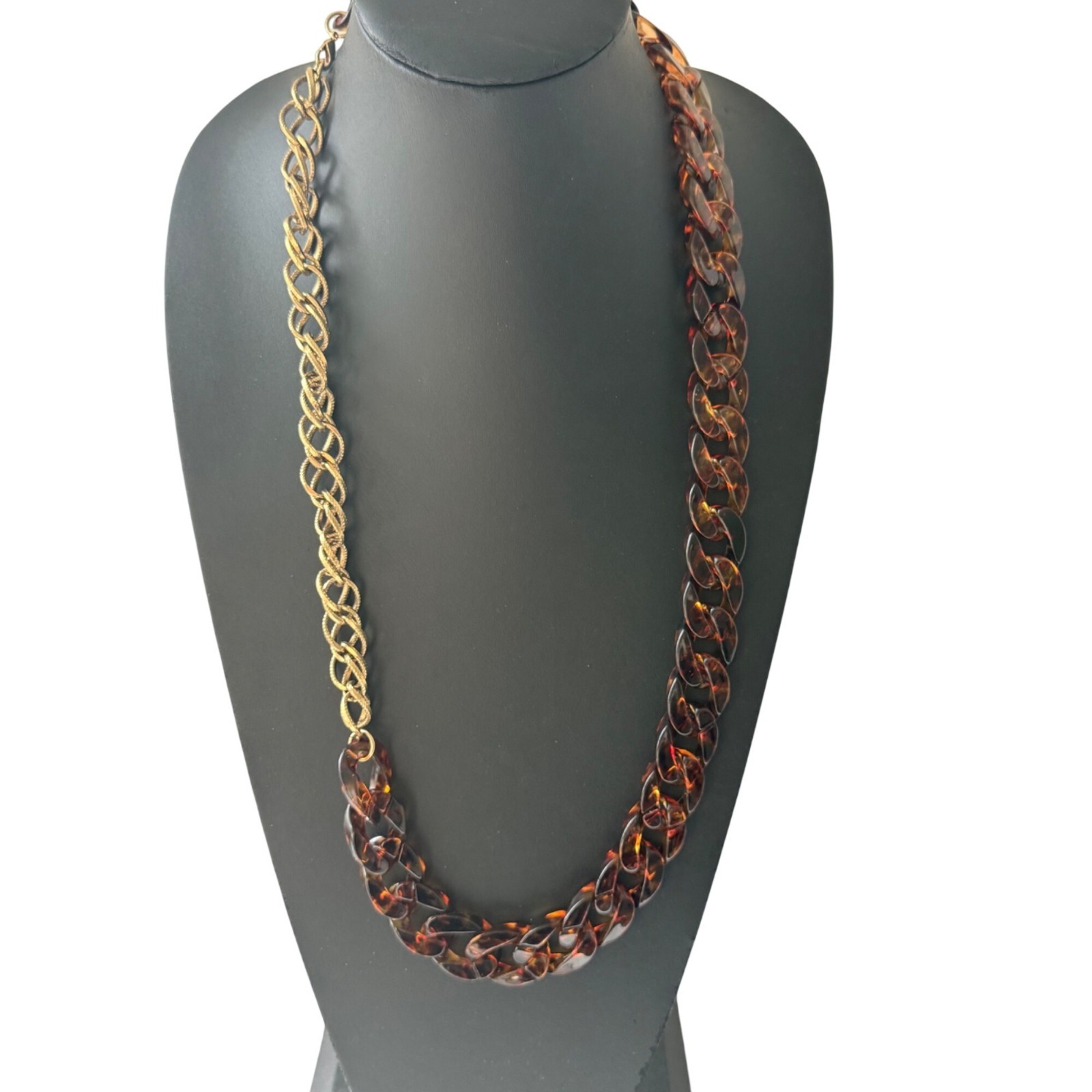 Vintage Gold-Tone Tortoise Shell Patterned Acrylic Links Chain Necklace 30″