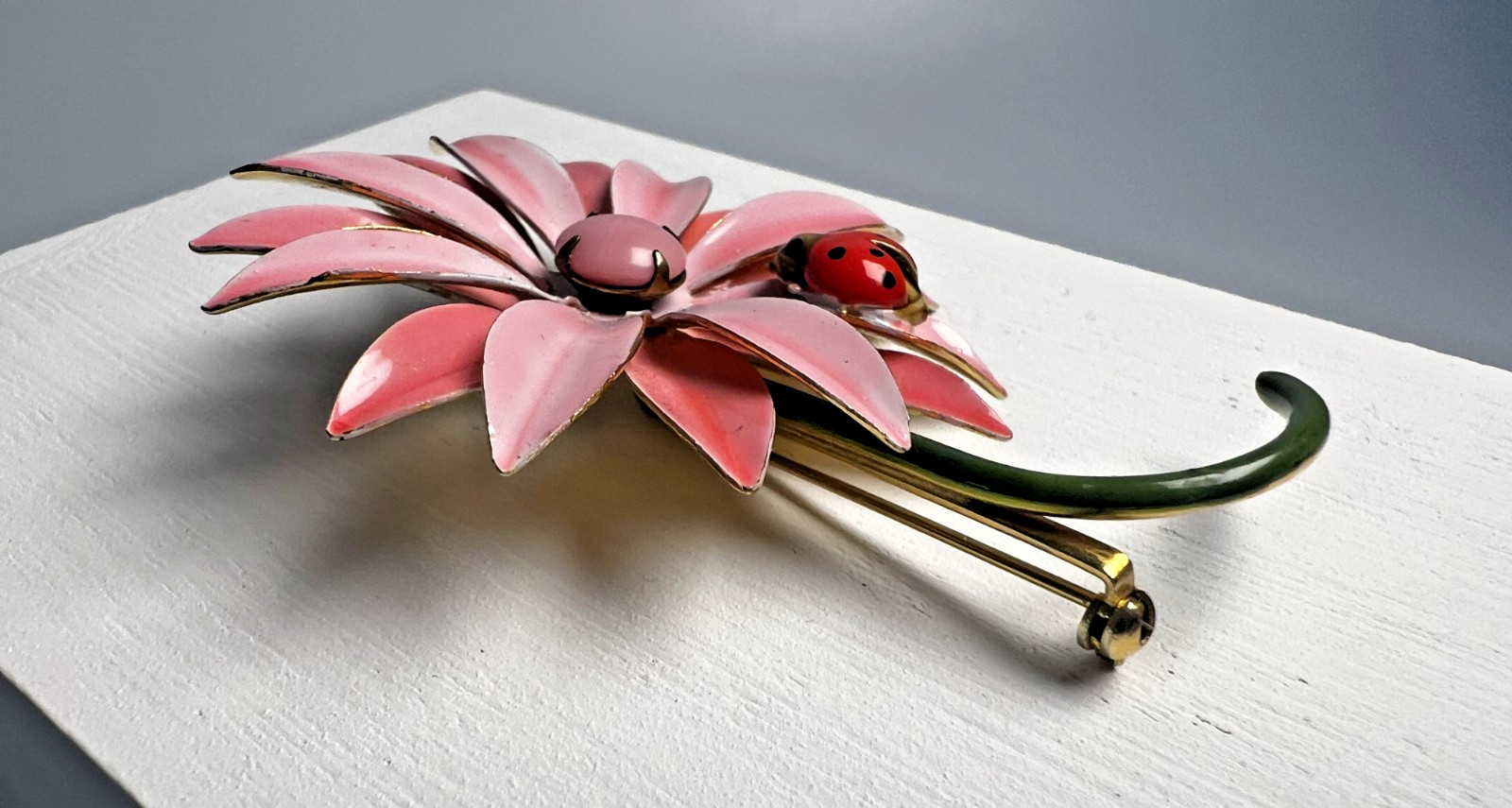 PRECIOUS Original By Robert Pink Daisy Enameled Metal Brooch with Ladybug