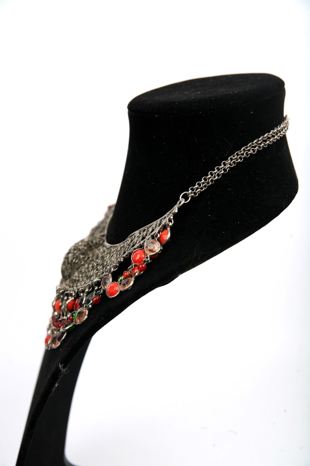 Vintage Bib Collar Choker Necklace Beaded Fringe Artisan Hand Made Mesh Filigree