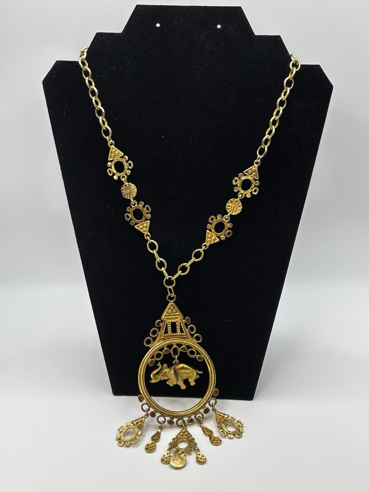 Vintage Statement Gold Tone Textured Fringe ART Exotic Pagoda Necklace Pendant