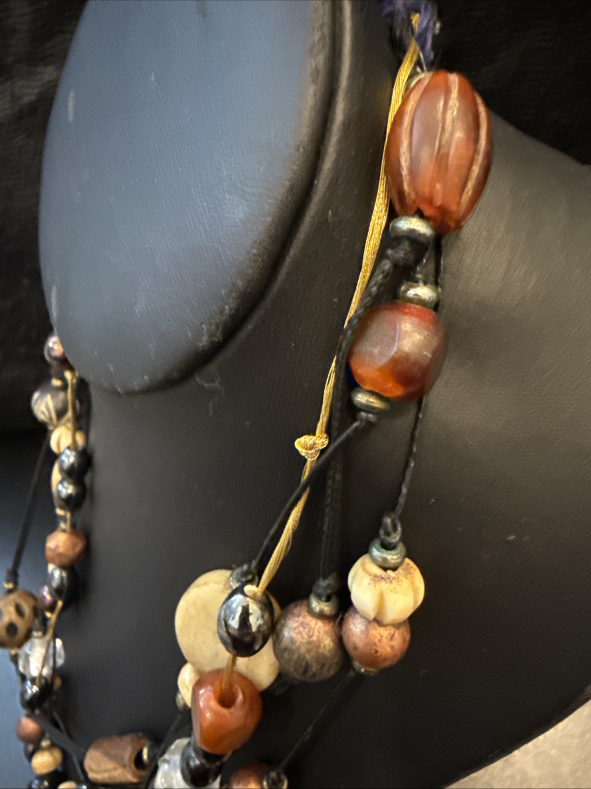 Vintage Multi Strand Carved Wood/ceramic Bead Boho Ornate Necklace Avant Garde