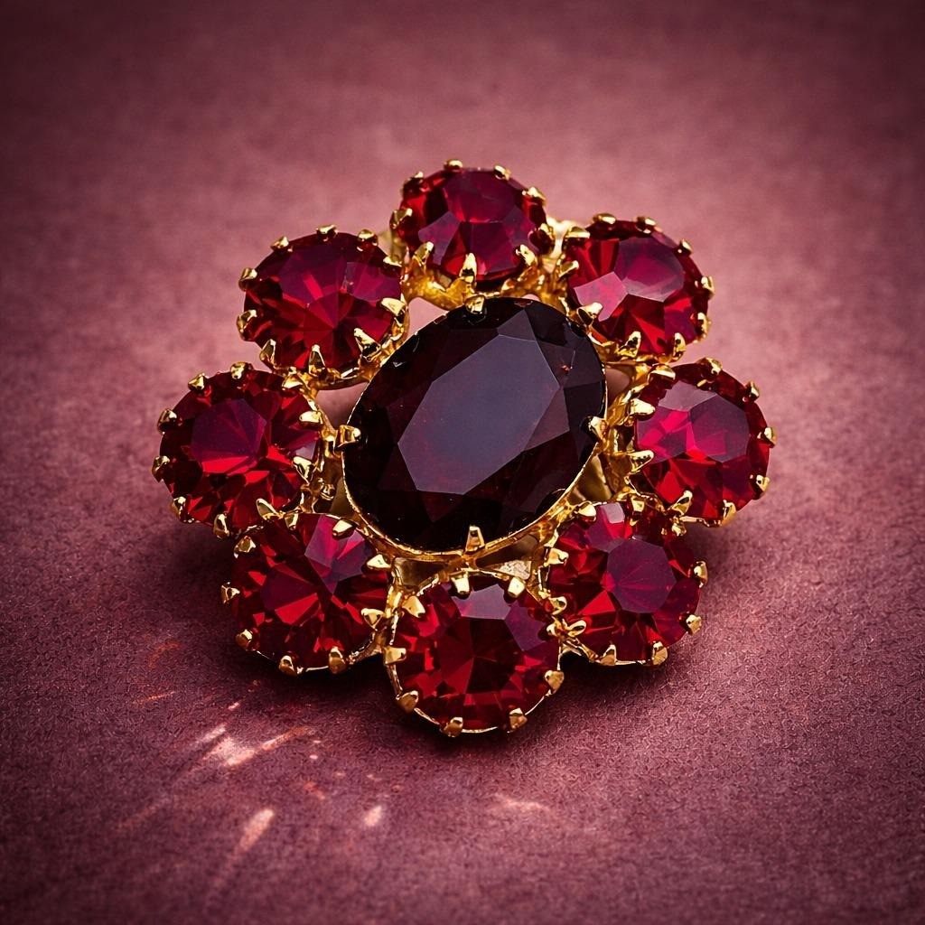 Vtg Deep Red Rhinestone Brooch Gold Tone Oval Center Floral Cluster Statement
