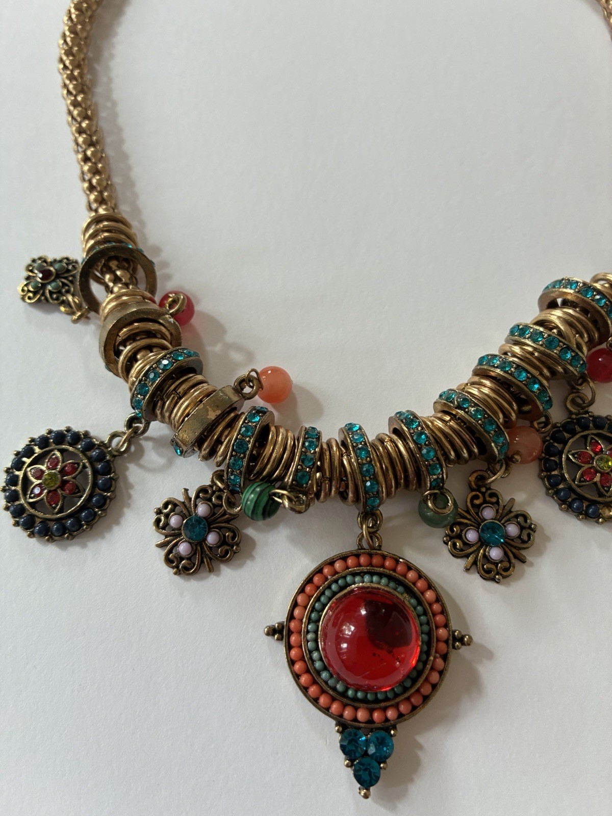 Vintage Boho Moroccan Statement Necklace Ornate Gold Red Turquoise Charm