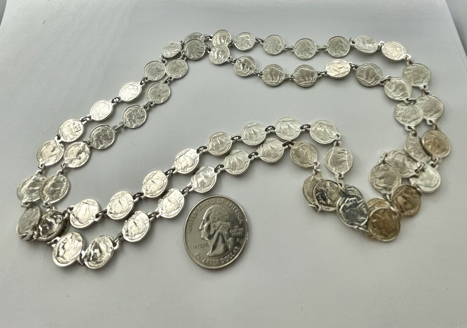 Vintage Southwest Miniature Buffalo Nickel Silvertone Necklace 38”