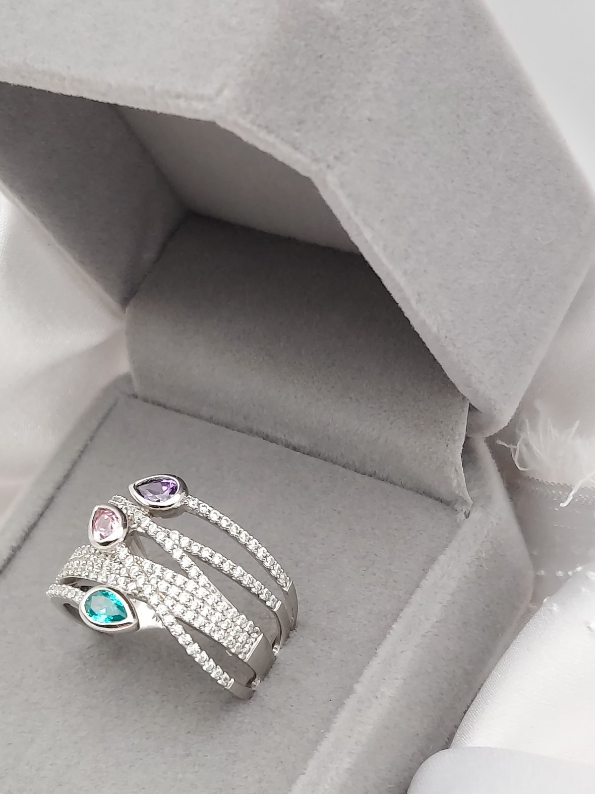 Vintage PJM 6Band Sterling Crystal Muti Color Pear Cut Gemstones Ring 5.9Gr Sz8