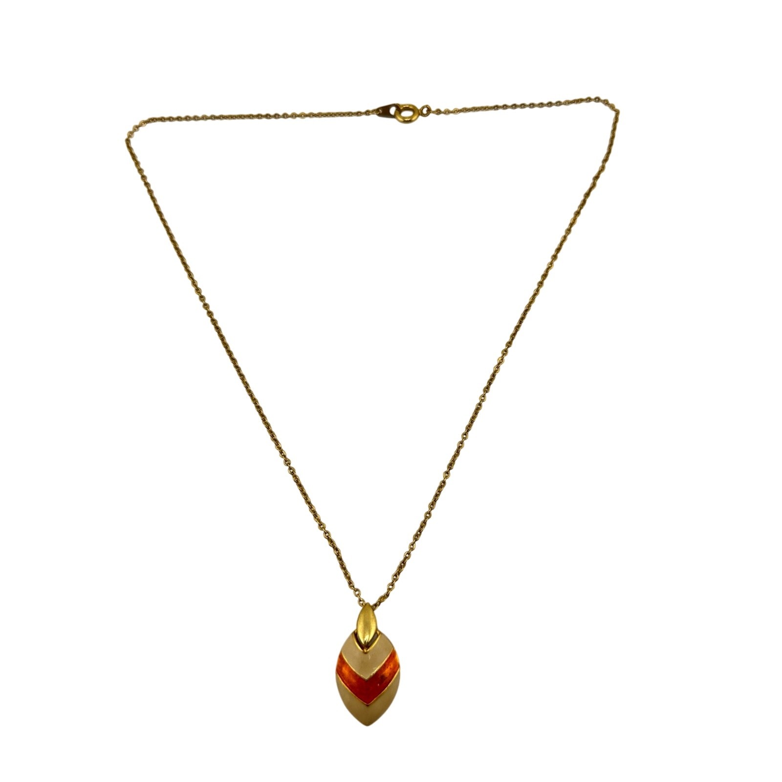 Vintage Art Deco Revival Cream Enamel Orange Resin Gold Tone 15.5” Necklace