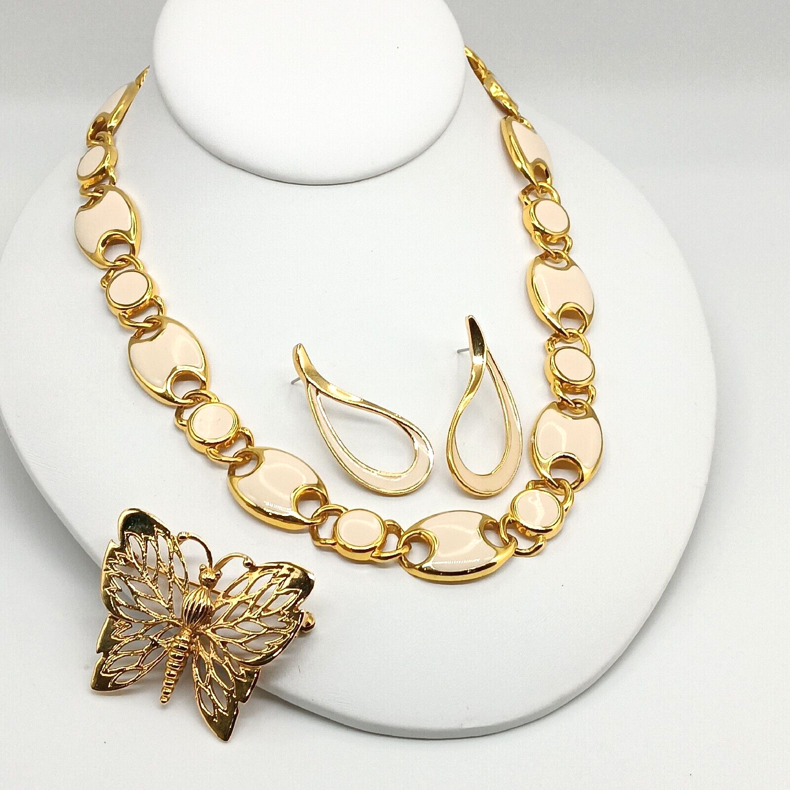 Ivory and Gold Tone Jewelry Lot , Necklace, Earrings, Butterfly Pin / Brooch