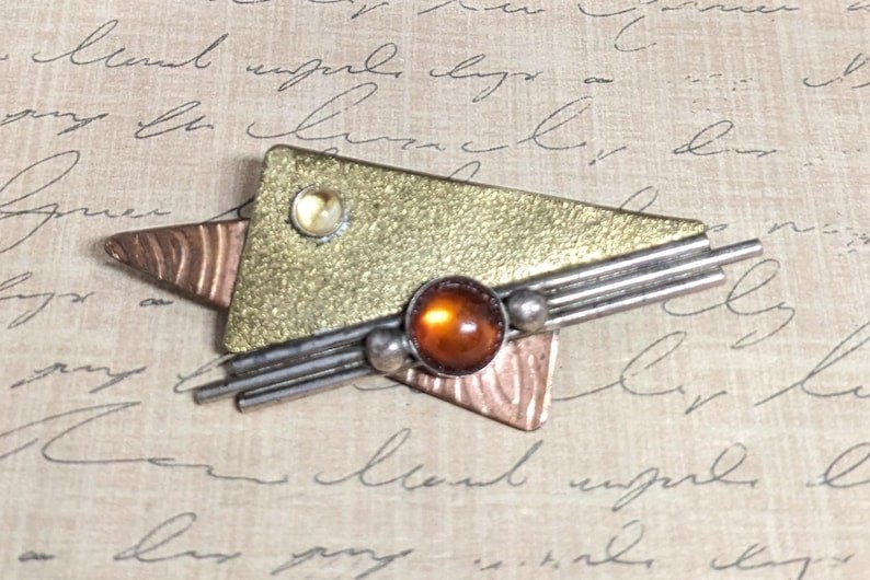 Vintage Modernist Gold Tone Copper Geometric Convertible Brooch Pendant Orange