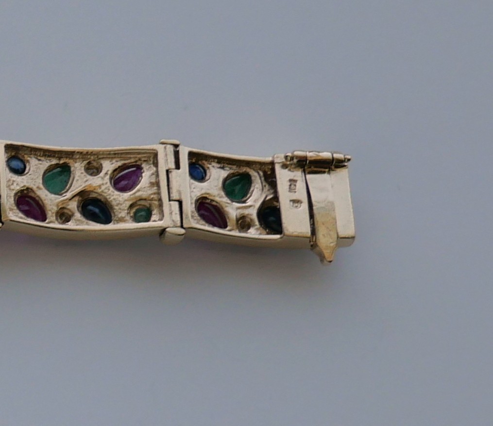 Vintage 14K Yellow Gold Ruby Emerald Sapphire Diamond Link Bracelet 7.25”