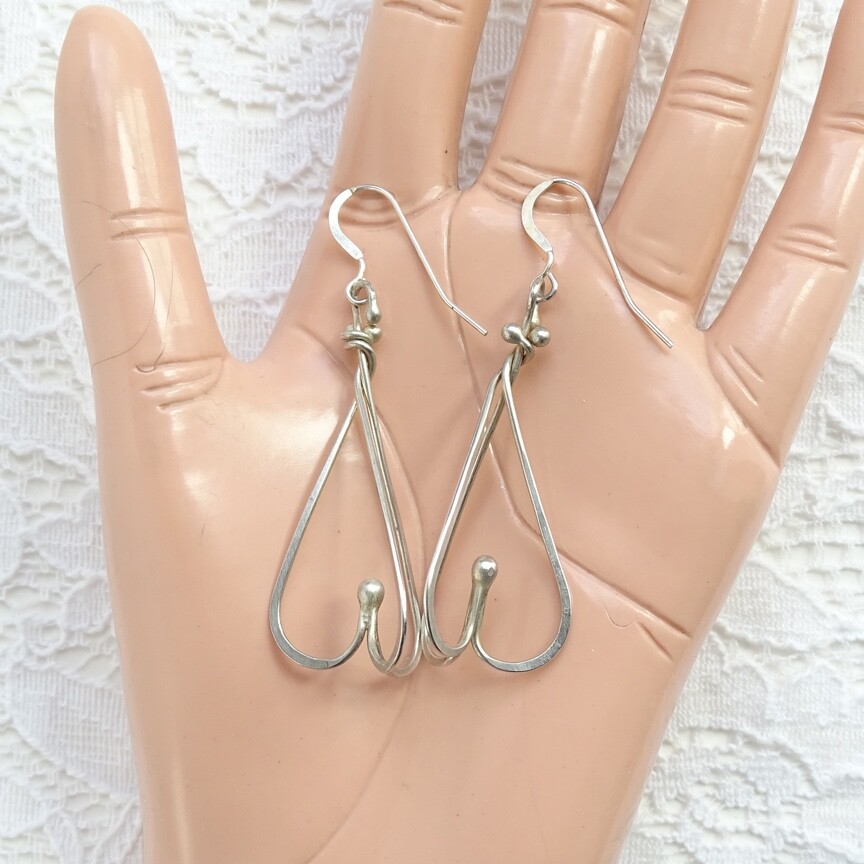 Vintage Modernist Pierced Drop Dangle Earrings Sterling Silver Wire Dimensional