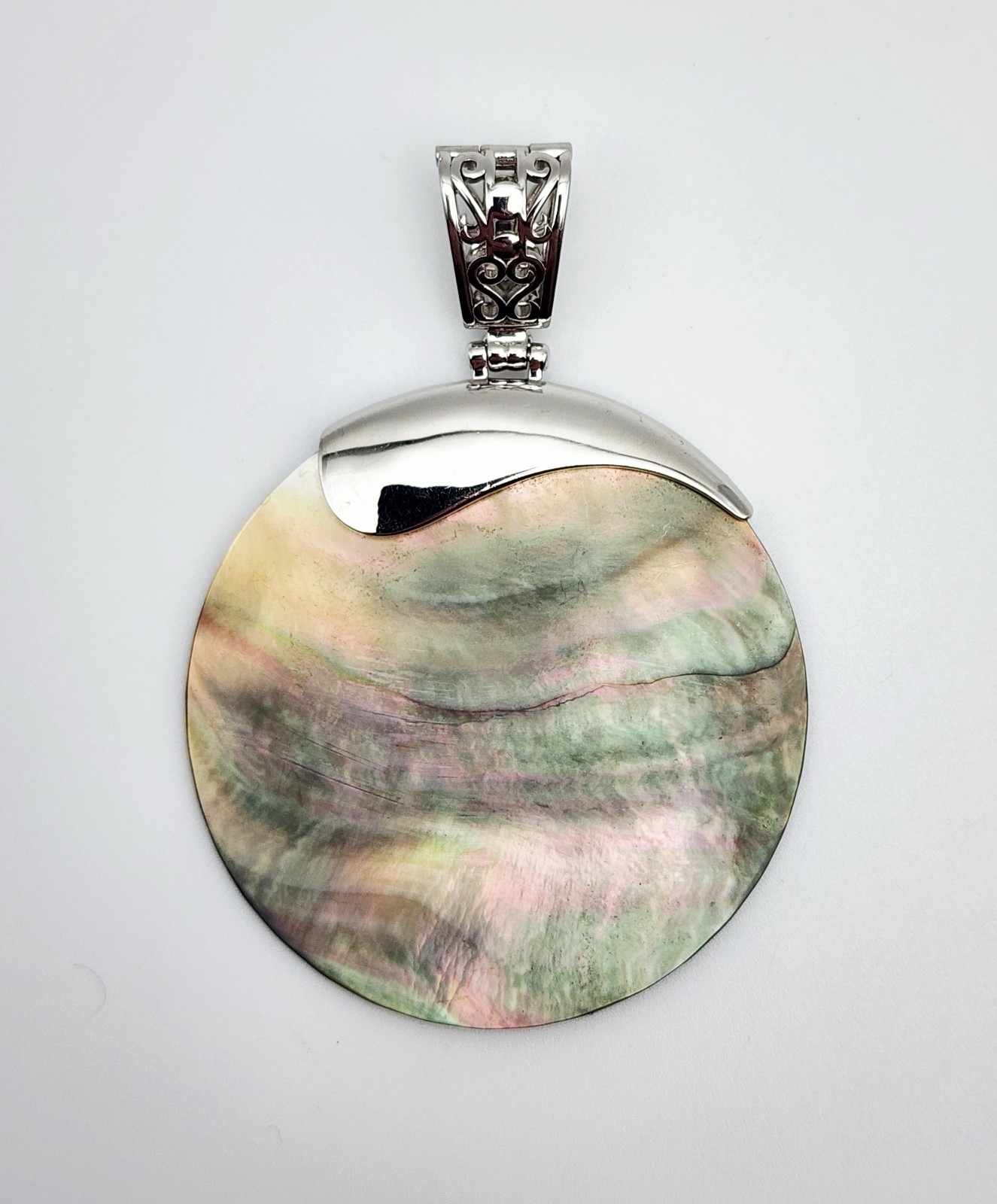 BBJ Vintage Sterling Silver Abalone Shell Scrollwork Pendant w/Hinged Bail