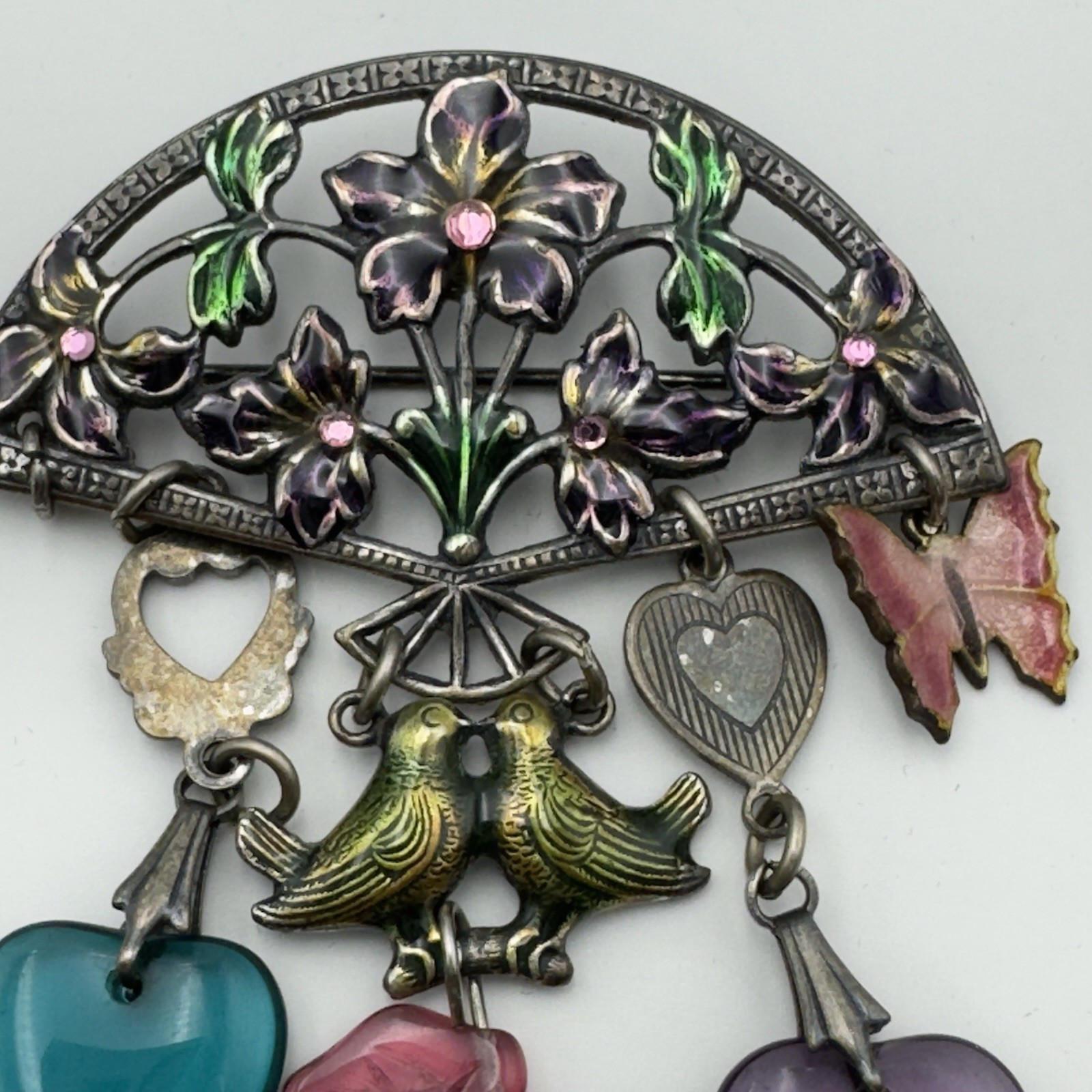 Glass Works Studio Dangling Victorian Charm Brooch Pin Heart Butterfly Birds Vtg