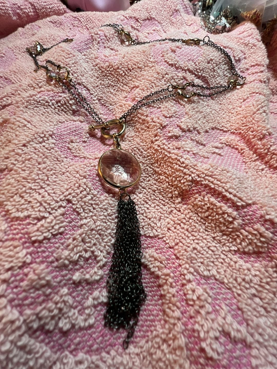 Vintage Multistrand Necklace with Faceted Crystal Pendant and Tassel