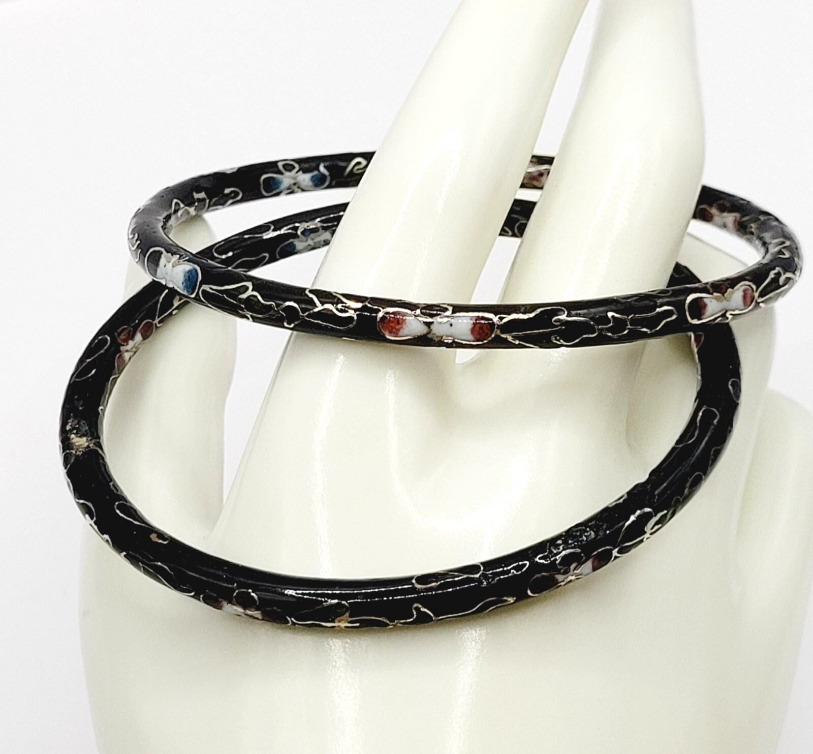 2 Cloisonné Asian Inspired Black Dark Shiny Floral Hand Painted Bangle Bracelet