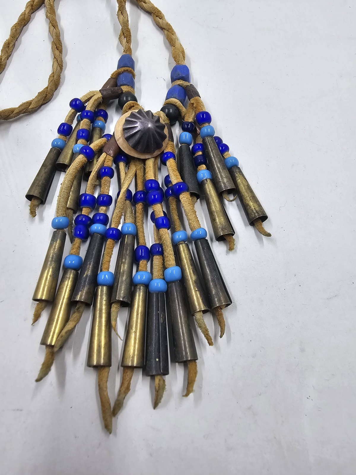 Vintage Leather Cord Necklace Brass Metal Cone Fringe Tassel Blue Beads