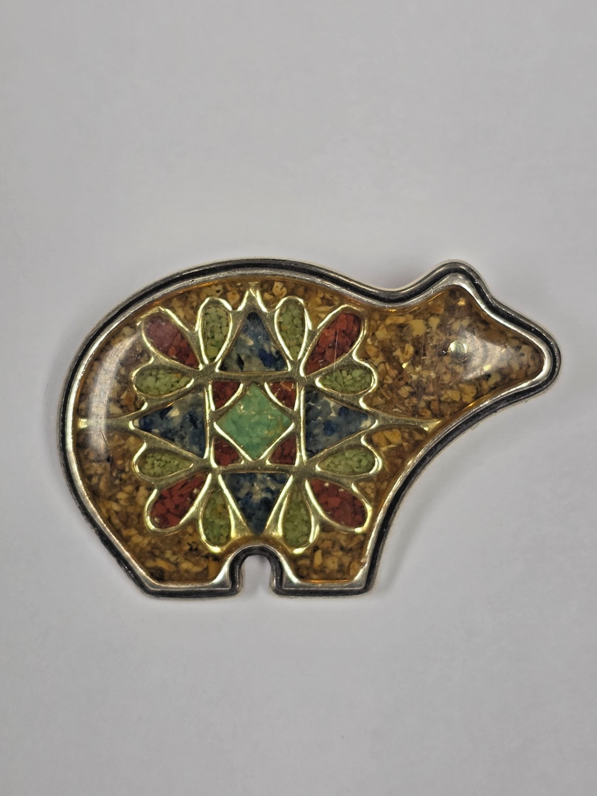 Carolyn Pollack Geometric Bear Stone Inlay Sterling Silver Brooch Pendant 8g