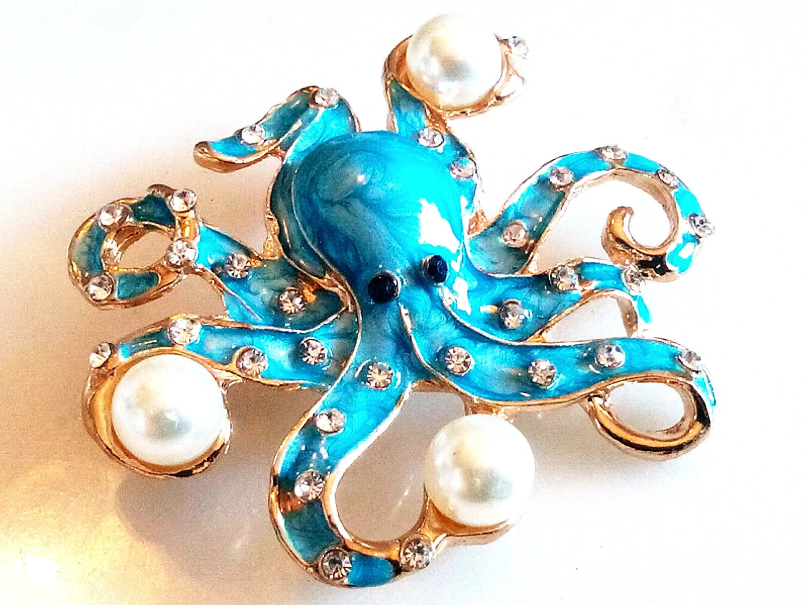 ENAMELED OCTOPUS BROOCH/PENDANT!Blue Enameled, Clear Crystals, Imitation Pearls