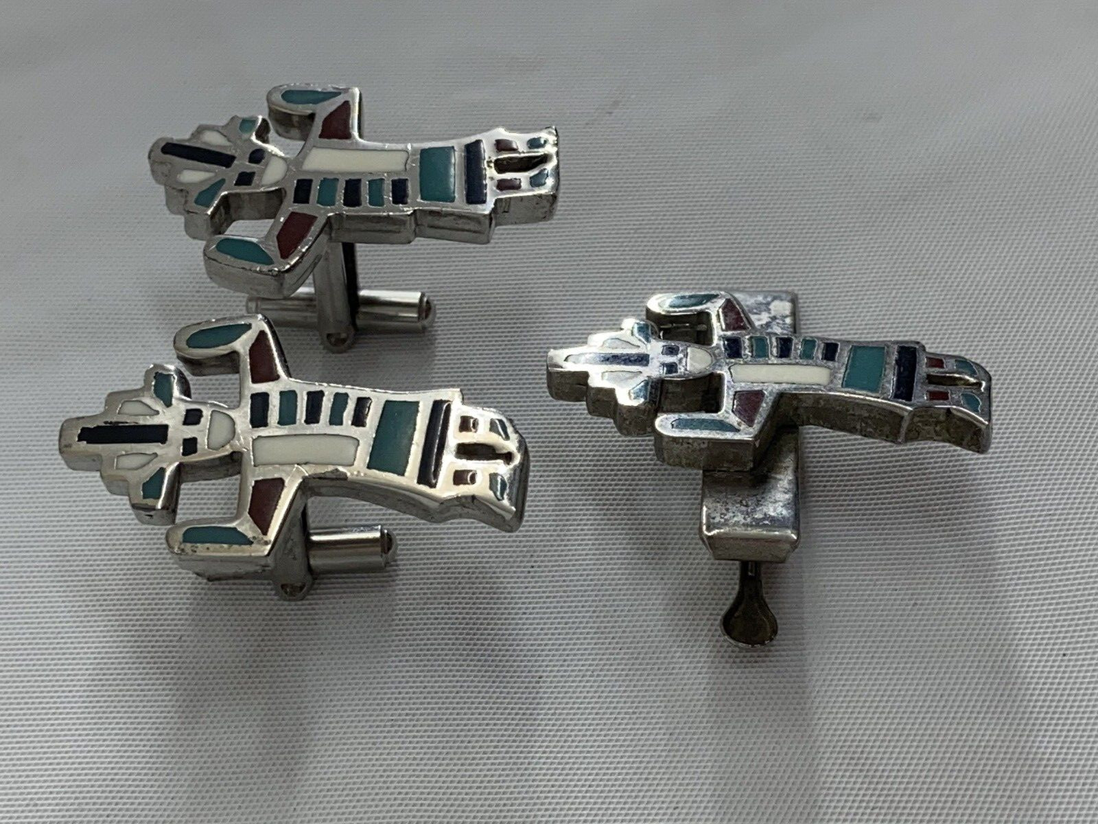 Vintage Zuni Kachina Dancer Cuff Links Tie Clip Inlaid Stones Silver Tone Set