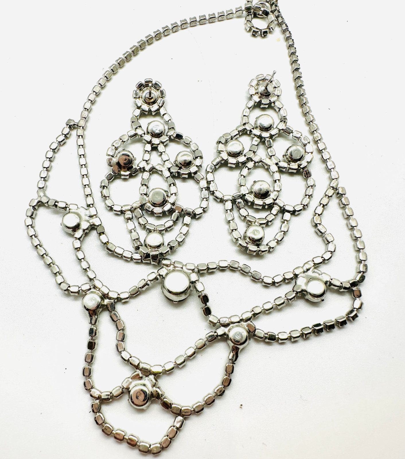 Vintage NOS Smokey Crystal Rhinestone Festoon Necklace & Pierced Earrings Set