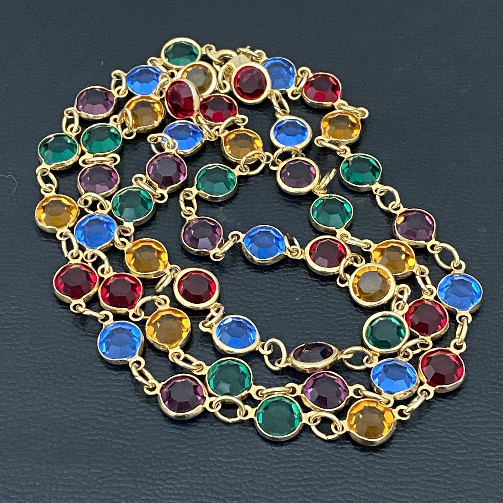 Vintage AUSTRIAN CRYSTAL USA Multicolored Bezel Crystals 35” Necklace
