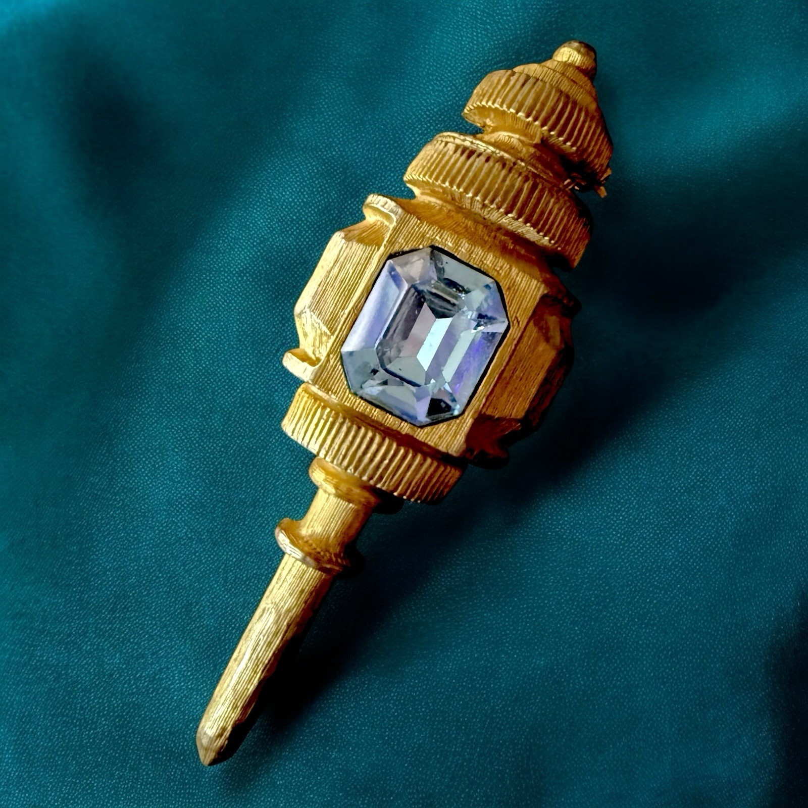 De Nicola Brooch Gold Tone Lamp Post Blue Rhinestone Signed Figural Pin