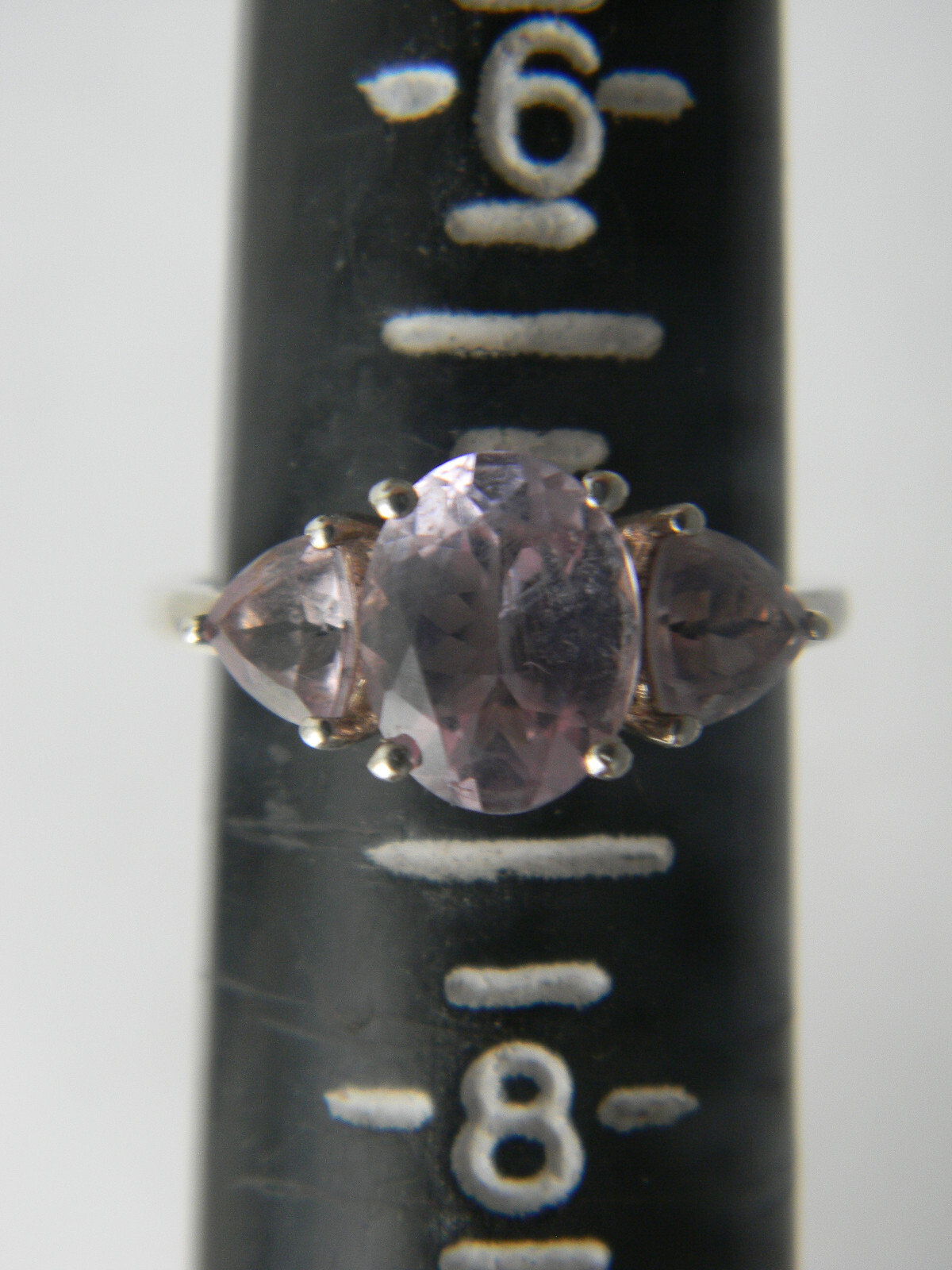 Fine 925 Sterling Silver Oval Pink CZ Solitaire w/Trillion Shape Accent Ring Sz7