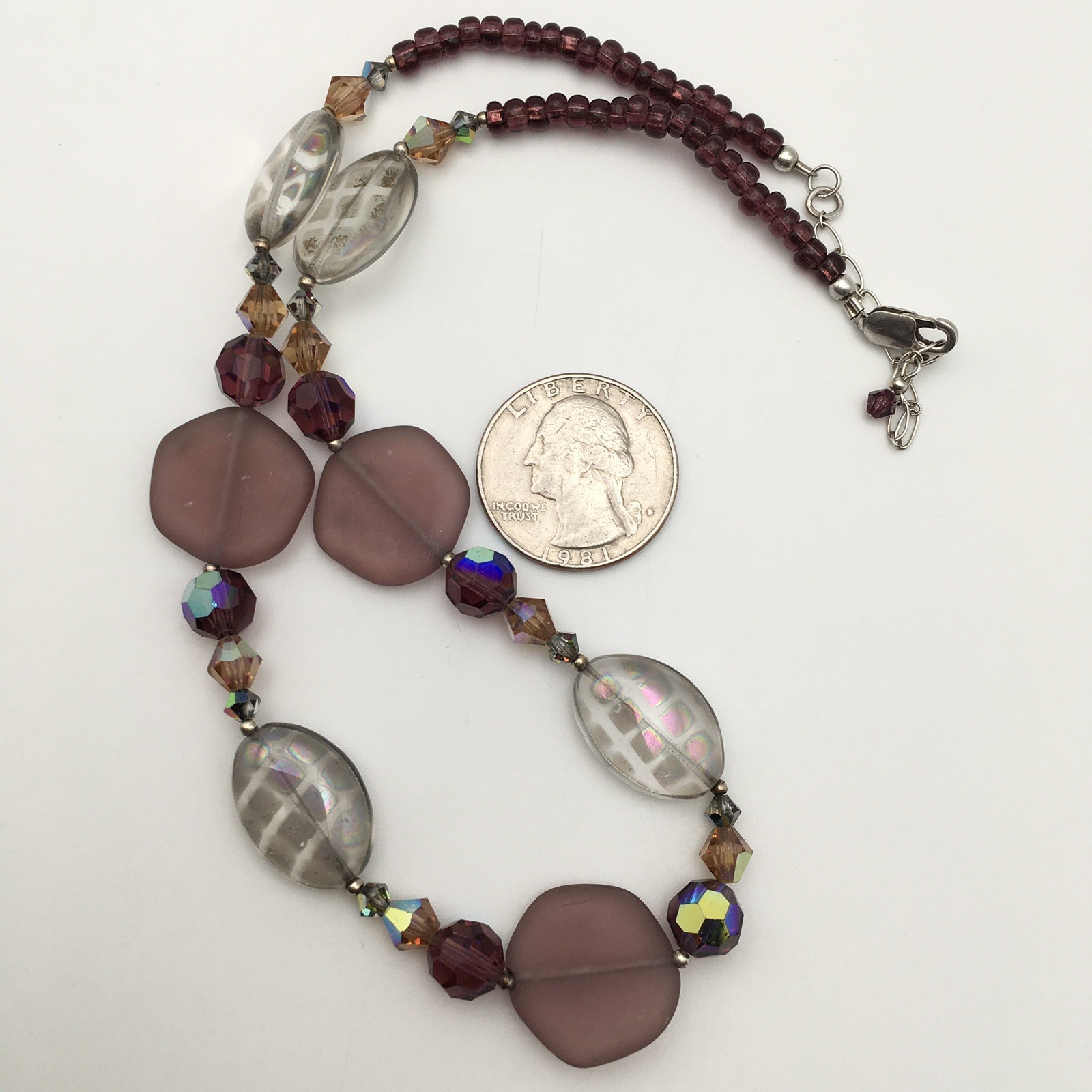 Mauve Frosted Glass Bead & Sterling Silver Necklace 15-17” 925 #23