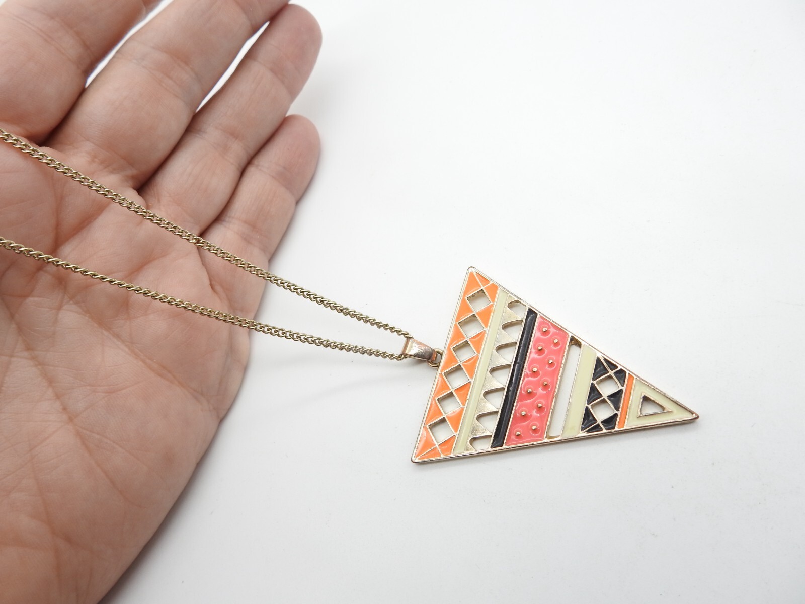 Orange Pink Black Cream Enamel Gold Tone Triangle Pendant Chain Necklace Vintage