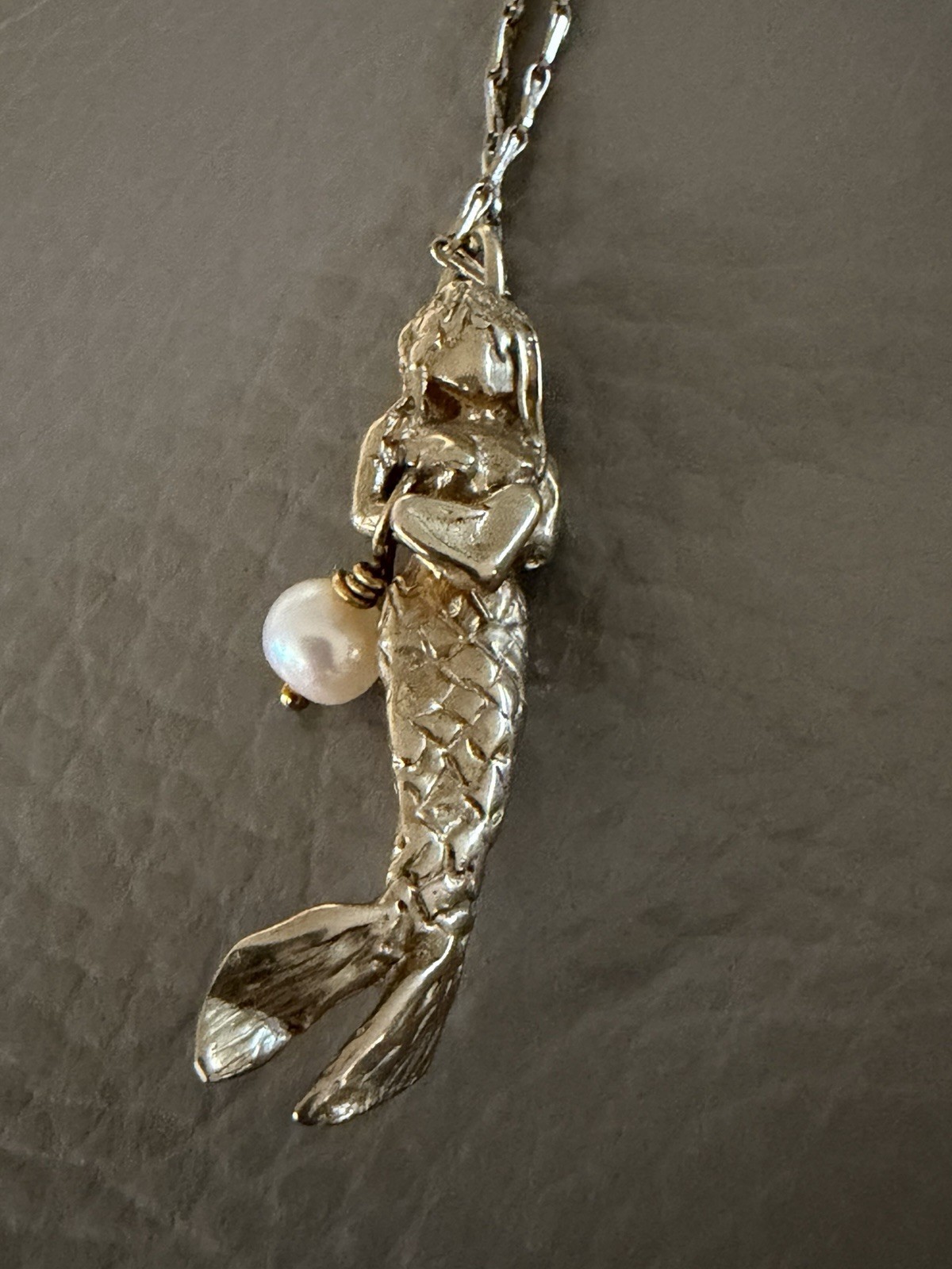 MERMAID with Pearl Gold Filled PENDANT on Gold Plate CHAIN Holding Heart