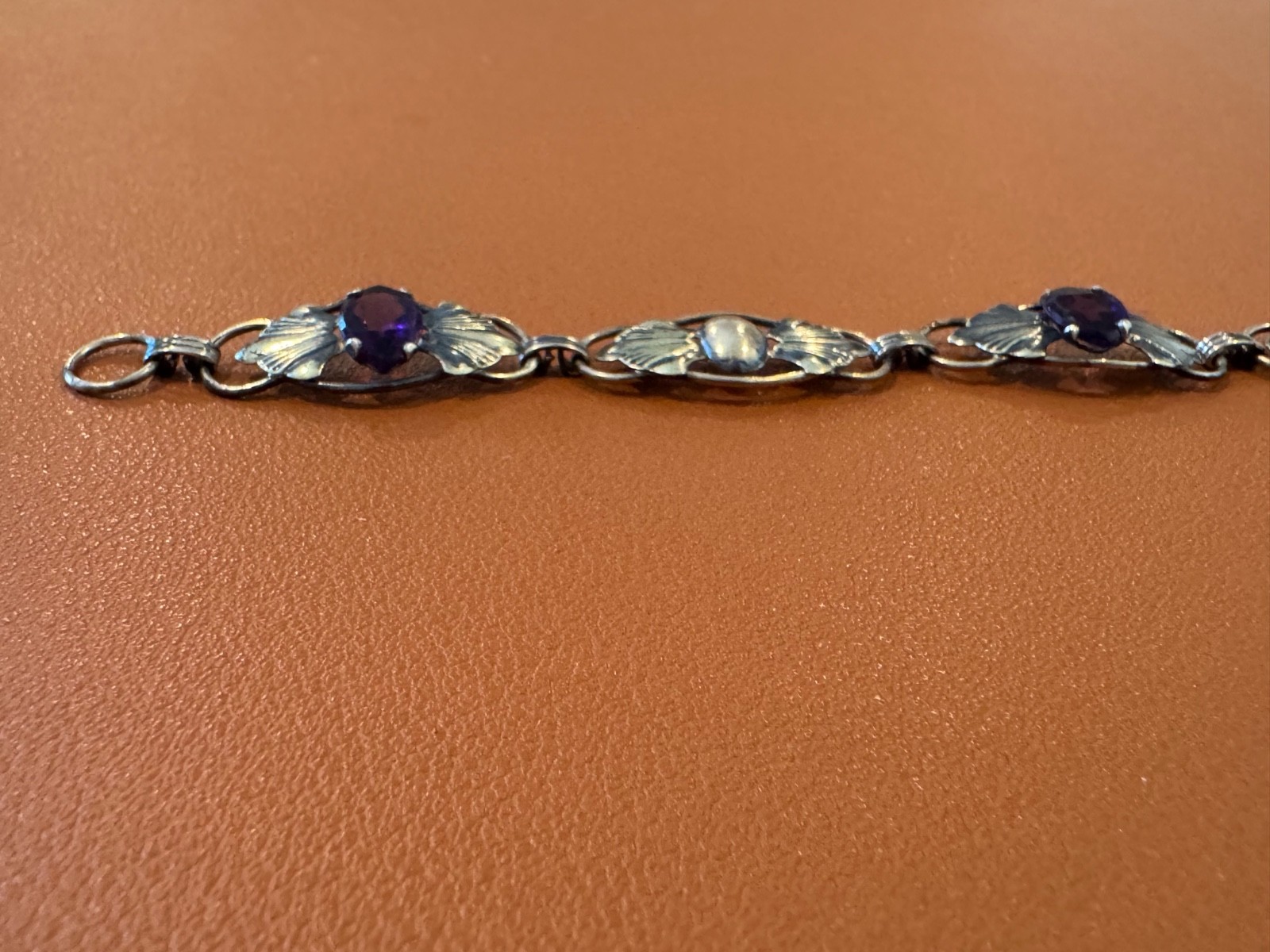 Vtg Antique Gold on Sterling Silver Bracelet w/ Faceted Purple Glass or Stones