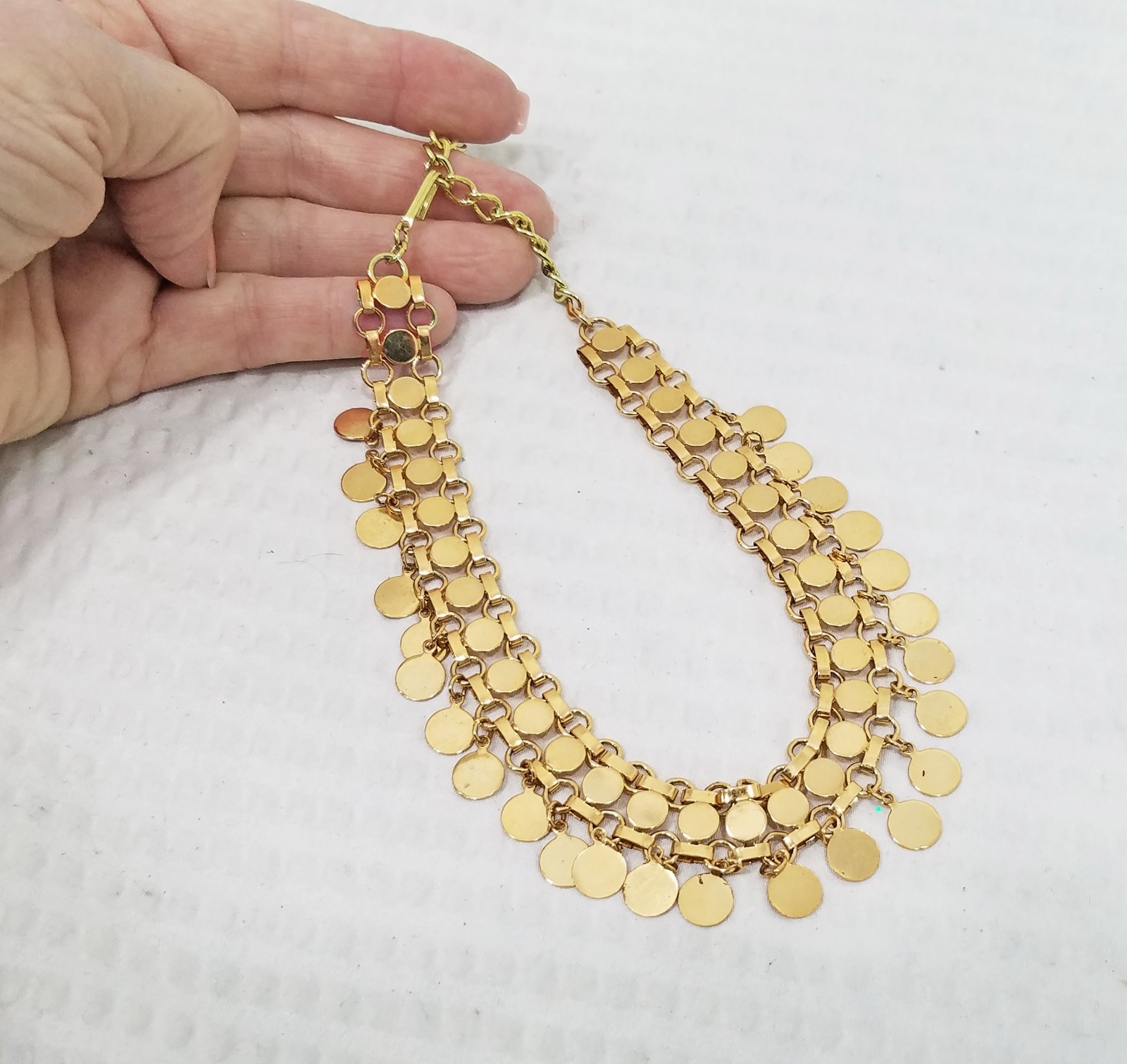 Vintage Gold Tone Tassel Mesh Disk Chain Link Byzantine Design Choker Necklace