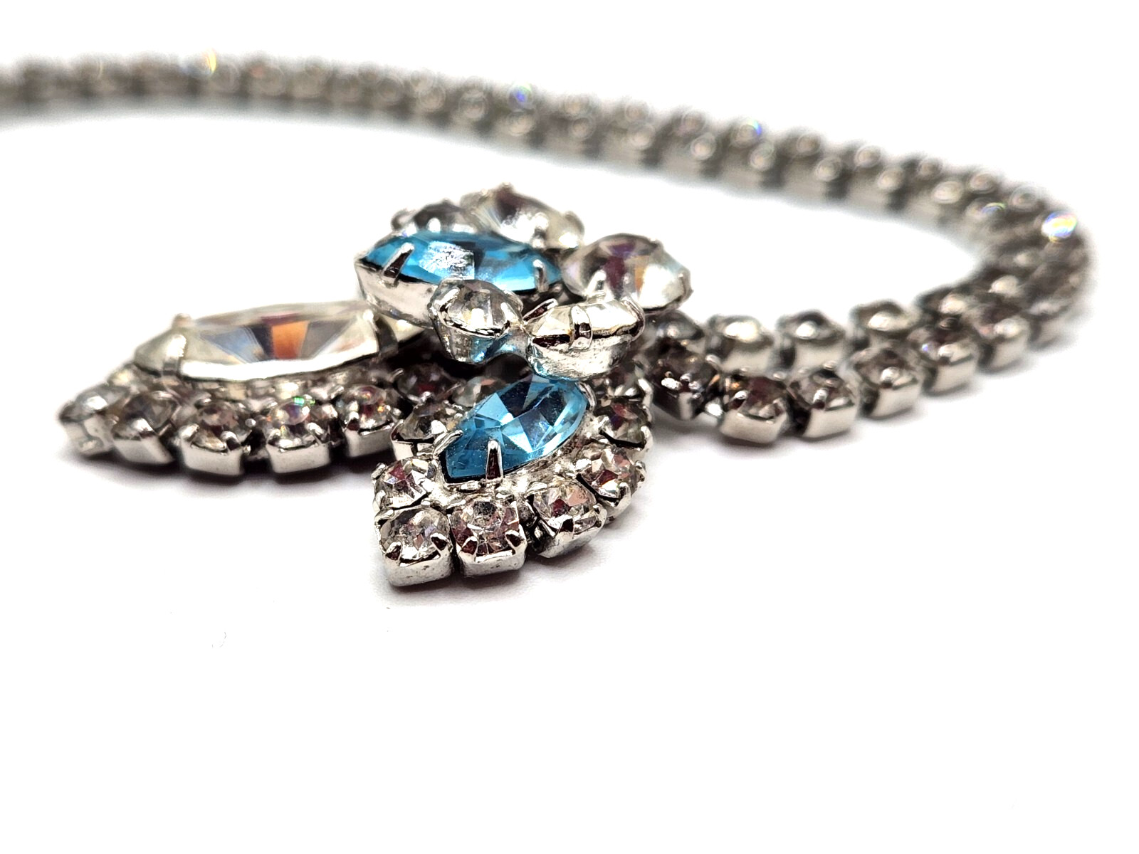 Blue White Silver Tennis Necklace 17 Inches Long Designer Rhinestone Vintage
